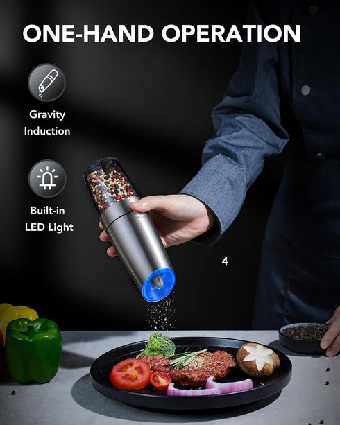 Electric Salt and Pepper Grinder Set, Upgraded 4 Batteries, Automatic Pepper Grinder with LED Light, Adjustable Coarseness One Hand Operation, Sta...