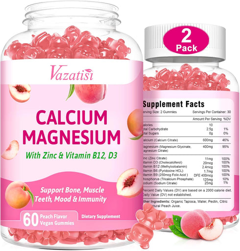 2 Pack Calcium Magnesium Zinc Gummies with Vitamin D3 & B12, Sugar Free Calcium Supplements for Women Men, Vegan Peach Flavor…...