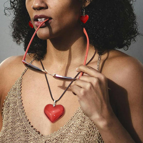 RechicGu Big Chunky Puffy Heart Pendant Choker Necklace Earrings Jewelry Set, Black String Chain,Stainless Steel Hook,Y2K Grunge Gothic Necklace,E...