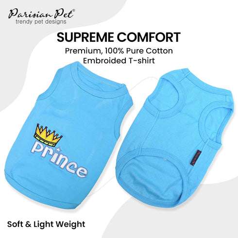 Parisian Pet Dog T-Shirt - Embroidered ' Prince ' 100% Cotton, Boy Dog Shirts - Sleeveless Pet Vest - Machine Washable Dog Clothes for Medium-Size...