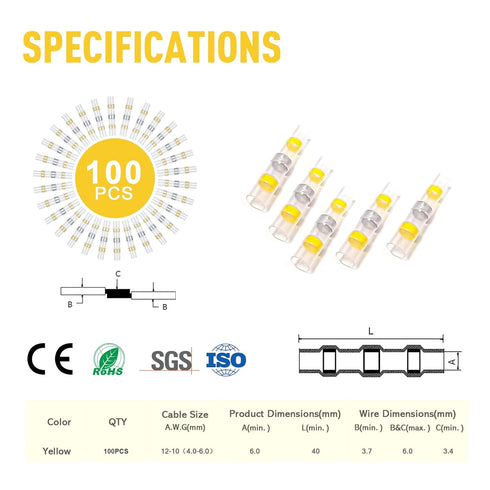 Kuject 100PCS Solder Seal Wire Connectors AWG 12-10, Yellow Solder Seal Heat Shrink Butt Connectors Terminals Solder Sleeve Waterproof Wire Splice...