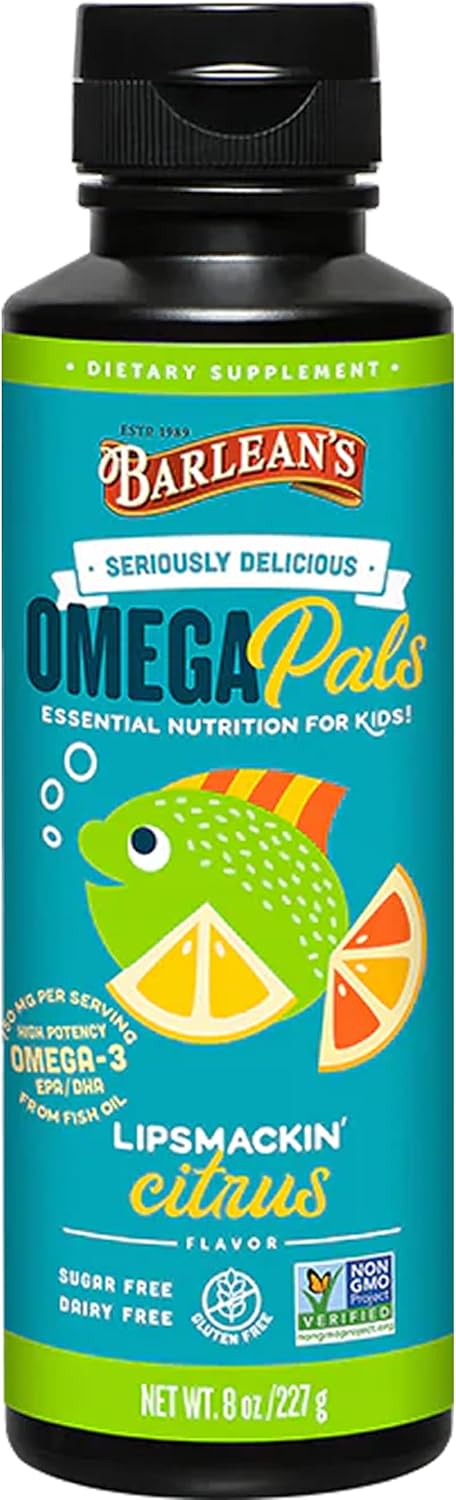 Barlean's Omega Pals Lipsmackin' Citrus Flavored Omega-3 for Kids, Yummy Children's Liquid Fish Oil Supplement with 750 mg of EPA & DHA for Brain ...