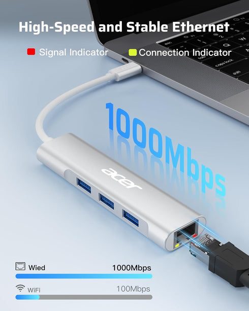 Acer USB C to Ethernet Adapter, 4-in-1 USB C Hub with 3 USB A 3.1 & 1Gbps RJ45 Network, USB C to LAN Adapter for MacBook Pro Air, Surface, Chromeb...