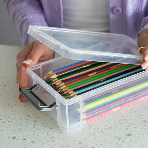Extra Large Pencil Box 2-Pack Grey Clips. Stackable Storage Organizing Bins for Pencils, Rulers, Art Supplies, Markers, and Crayons. Transparent P...