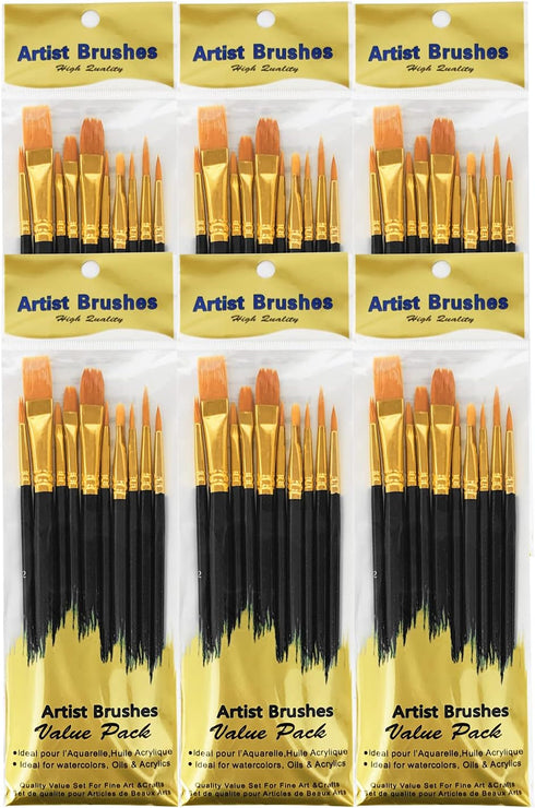 6 Pack 60 Pcs Black Paint Brushes Set, Nylon Hair Detail Brush, Suitable for Painting Studio or School, Oil Brushes, Watercolor Brushes, Artist Br...