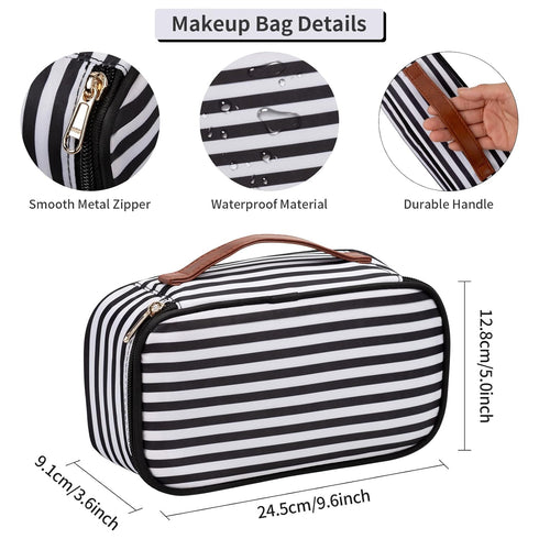 OCHEAL Small Cosmetic Bag,Portable Cute Travel Makeup Bag for Women and girls Makeup Brush Organizer cosmetics Pouch Bags-Black/White Stripes...