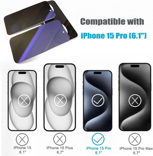 2 Pack Compatible with iPhone 15 Pro Privacy Screen Protector with Alignment Frame, Anti-Spy Anti-Blue Light Eye Protection Scratch Resistant Temp...