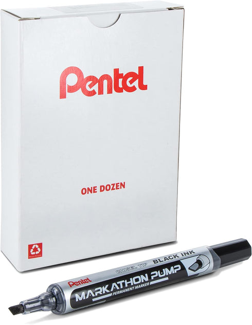 Pentel Markathon Pump Permanent Marker, Chisel Tip, Black Ink, 12 Pack (NLF60X-A)...