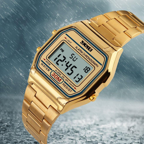 FANMIS Women's Men's Digital Electronic Square LED Sports Watch Multifunction Waterproof Daily Alarm Gold-Tone Watch...