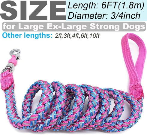 2FT 3FT 4FT 6FT 10FT Reflective Dog Leash- Strong Nylon Rope Braided Dog Training Leash for Extra Large Medium Dogs Walking Leads (Pink 6 Foot 3/4...