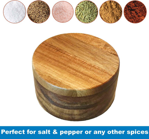 Multi-Use Spice Box, Acacia Wood Salt and Pepper Cellar with Magnetic Swivel Lid and Mini Spoons, 2-Compartment Container, Kitchen decor, 4.76"...