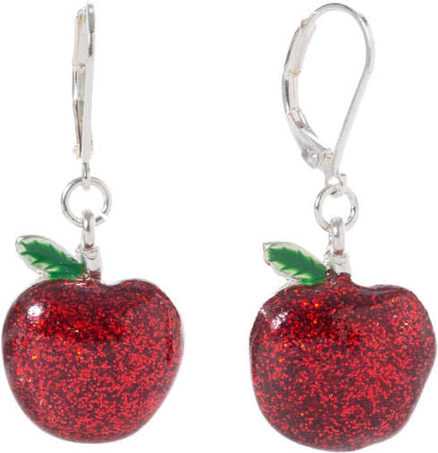 Artisan Owl - Red Apple Glitter Sparkling Enamel Dangle Earrings and Brooch Pendant Pin Set...