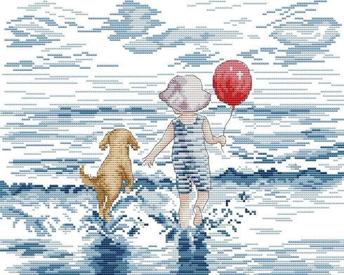 Cross Stitch Kits, Awesocrafts Seaside Beach Kid and Dog Easy Patterns Cross Stitching Embroidery Kit Supplies Christmas, Stamped or Counted (Seas...