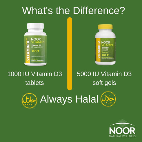 Noor Vitamins Halal Vitamin D, Halal Vitamin D3, 1000 IU Tablets, Supports Bone, Immune & Heart Health, Non-GMO, Gluten Free & Halal (60 Count)...