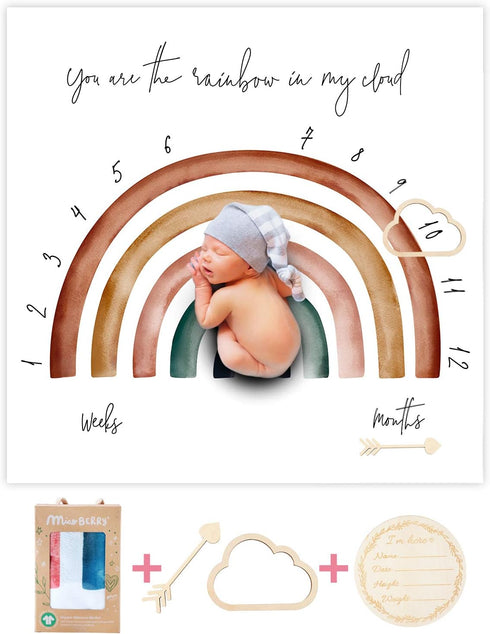 100% Organic Cotton Muslin Monthly Baby Milestone Blanket with Wooden Hello World Newborn Sign, Newborn Photography Props, Birth Announcement Sign...