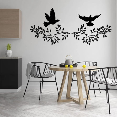 YGAOHF 2 PCS Black Metal Tree Leaf Wall Decor with 2 Dove Stickers, Vine Olive Branch Art Wrought Iron Scroll Sculptures Above The Bed, Indoor Out...