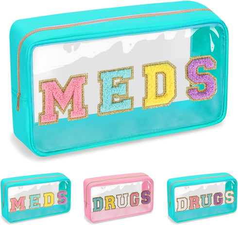 Clear Letter Patch Medicine Bag Drugs Pouch with Zipper, Travel Portable Cosmetic Makeup Bag for Women Girls, Waterproof Nylon PVC Toiletry Meds S...