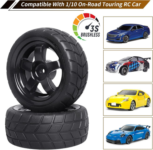 12mm Hex Wheel Rims & Rubber Tires with Foam Inserts for RC 1/10 On-Road Touring Car, Set of 4...