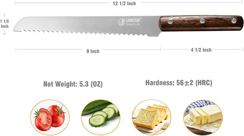 Bread Knife 8 Inch with Sheath - German High Carbon Stainless Steel, Ergonomic Grip Full Tang Wood Handle - Serrated Edge Home Kitchen Knife for B...