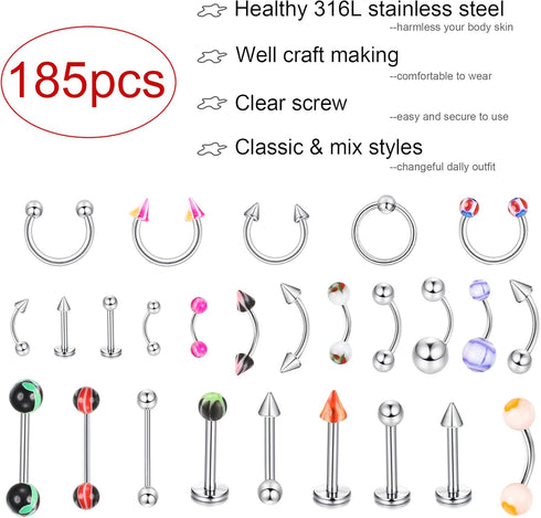 Ubjuliwa 148pcs - 185pcs Body Piercing Jewelry for all piercings, Tongue Nipple Rings Eyebrow Lip Belly Button Barbell Nose Piercing Tragus Navel ...