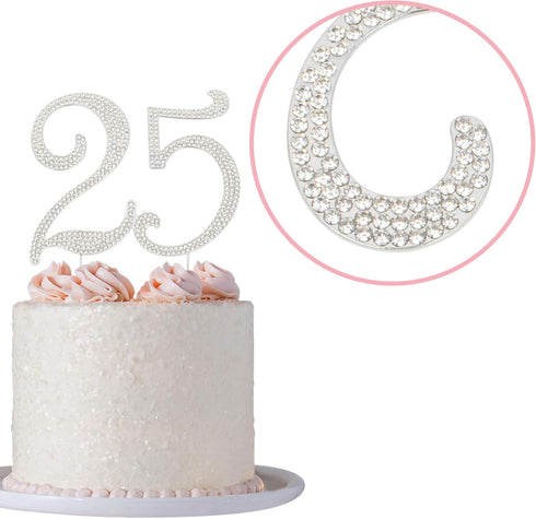 25 Cake Topper - Premium Silver Metal - 25th Birthday or Anniversary Party Sparkly Rhinestone Decoration Makes a Great Centerpiece - Now Protected...