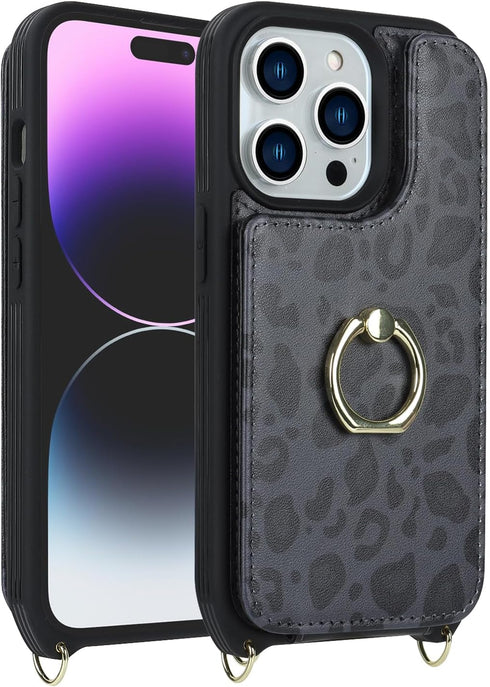 for iPhone 14 Pro Case with Card Holder for Women,iPhone 14 Pro Wallet Case with Strap,Crossbody Lanyard,Ring Stand,Snap Clasp,Cute Phone Cases(6....