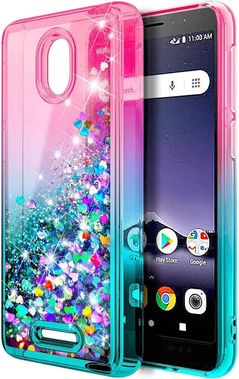 NZND Case for Wiko Ride 2 (U520AS) with Tempered Glass Screen Protector (Full Coverage), Glitter Liquid Floating Waterfall Girls Cute Phone Case C...