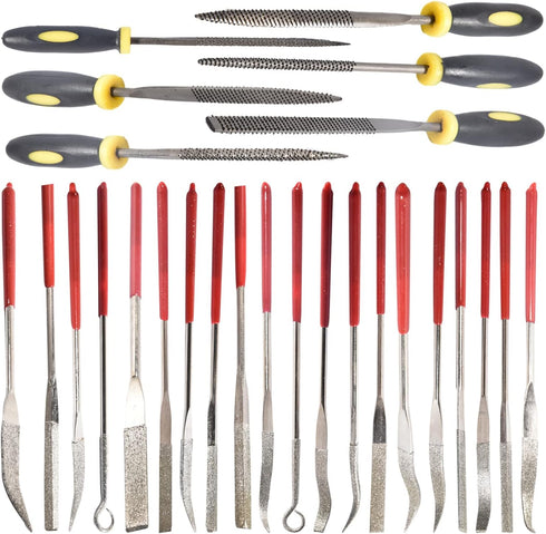 26Pcs Needle File Set, 6Pcs 140mm Wood Rasp Hand Metal File Tools + 10Pcs 140mm Mini Diamond Needle File Set + 10Pcs 140mm Mini Diamond Riffler Ne...