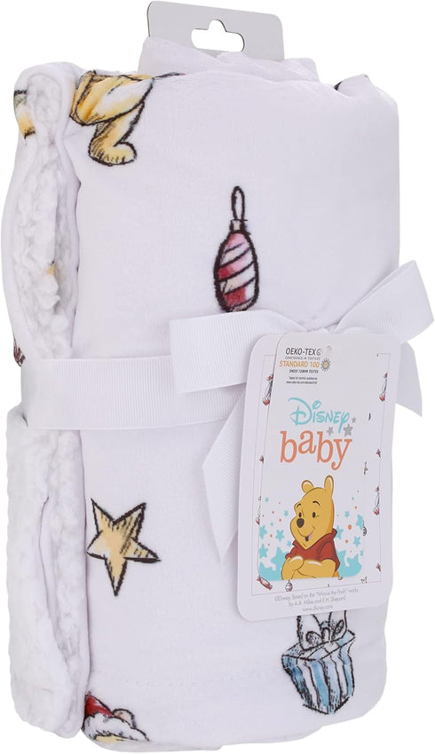 Disney Winnie The Pooh and Eeyore White Christmas Holiday Presents Super Soft Sherpa Baby Blanket...