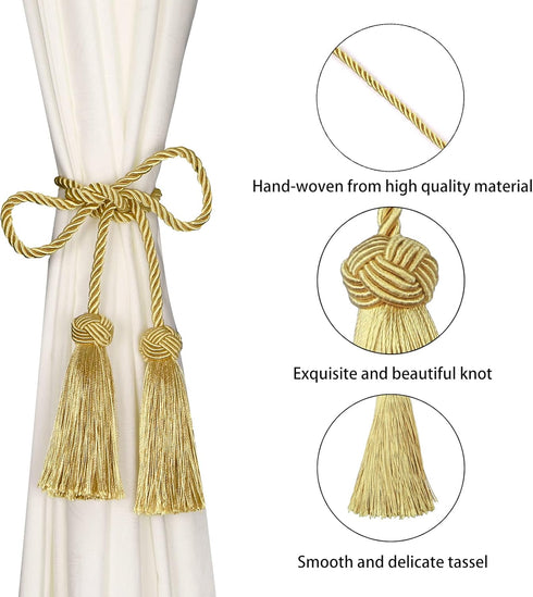 BEL AVENIR 4 Pack Curtain Handmade Tiebacks Decorative Curtain Holdbacks with Tassel (Gold, 4 Pack)...