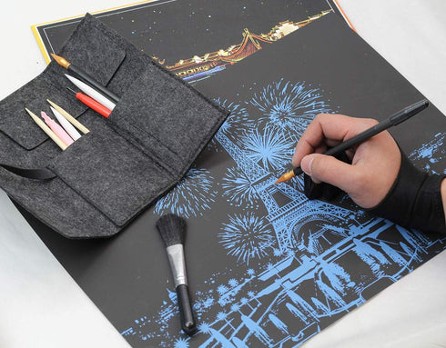 Scratch Painting Art Tool, 11 Pieces Scratching Drawing Tool Set, Including Artist Glove, Tool Bag, Scratch Coloring Pens, Plastic and Wooden Styl...