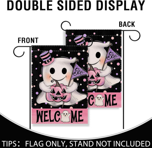 Welcome Halloween Spooky Ghost Boo Small Decorative Garden Flag, Pink Jack O Lantern Pumpkin Polka Dot Yard Lawn Outside Decor, Funny Holiday Burl...