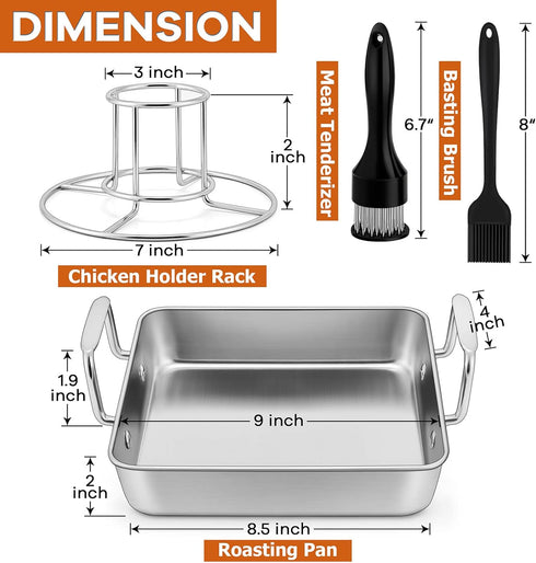 Roasting Pan with Beer Can Chicken Holder, Joyfair 9-inch Stainless Steel Square Baking Pans & Roaster Grill Racks, Great for Baking Oven BBQ Gril...