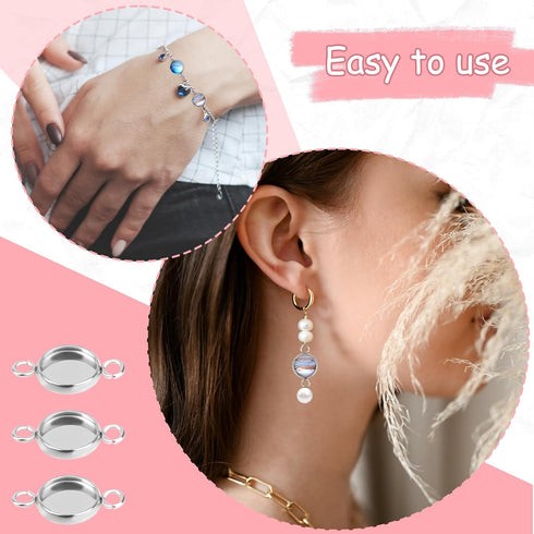 50Pcs Stainless Steel Round Blank Bezel Set with Double Loops, Pendant Bezel Tray Connectors,Round Glass Resin Cabochons Base Blank Pendants Tray ...