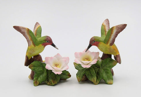 Fine Porcelain Hummingbird with Apple Cherry Blossom Flowers Taper Candle Holder Pair Figurine, 3-5/8" H...