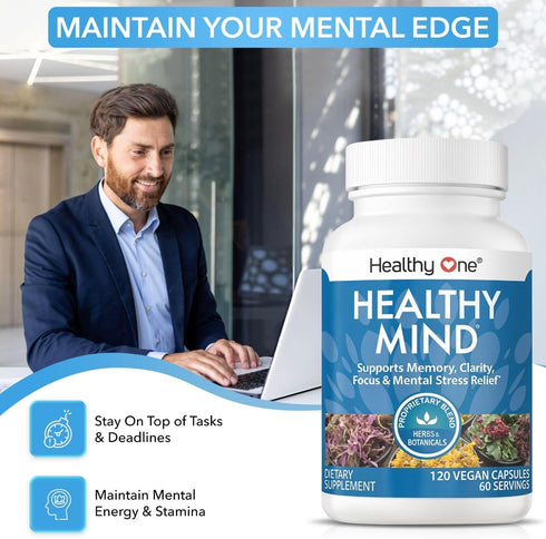 Healthy Mind - Safe for Teens - Brain Fog - Cognitive Function - Concentration - Focus - Neural Optimization - Mood - Ginkgo Biloba - Ginseng - Rh...