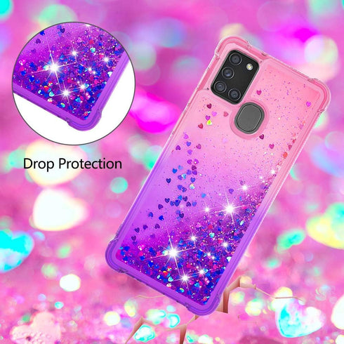 for Samsung Galaxy A21S Case with Tempered Glass Screen Protector,Women Girls Glitter Bling Floating Liquid Cute Soft TPU Shockproof Protective Ph...