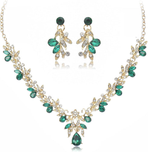 Gold Necklace Earrings Jewelry Set for Women, Bridal Gold Jewelry Teardrop Green Rhinestones Jewelry Set, Prom Jewelry Set for Bride Bridesmaid We...