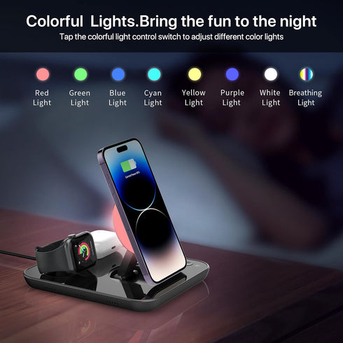 Wireless Charger, 4 in 1 Fast Charging Station,Colorful Night Light,Qi Foldable Magnetic Wireless Phone Charger Stand for iPhone, Apple iWatch, Ai...