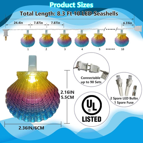 Beach Seashell String Lights 8.3FT Ocean Themed Decorative Lights 10 LED Seashells Lights, Plug-in Warm White Fairy Lights for Patio Garden Weddin...