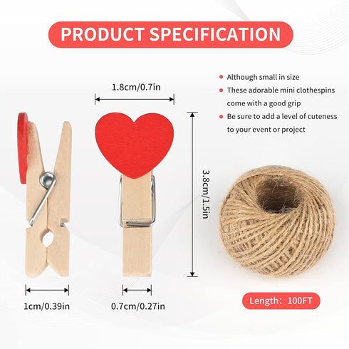 jijAcraft 100Pcs Clothespins with String, 1.4Inch Wooden Clothes Pins with Heart, 10 Colors Heart Clips, Mini Photo Clips with 98Ft Jute Twine, Cr...