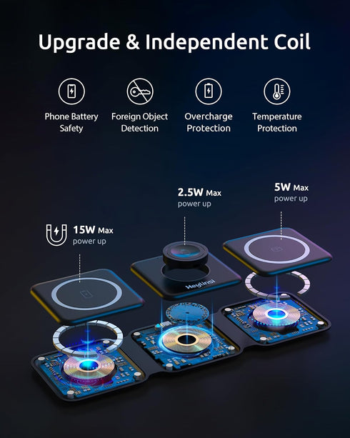 Foldable Wireless Charger, 3 in 1 Wireless Charging Station for iPhone 15/14/13/12/11 Pro Max/X/XS, Fast Magnetic Travel Wireless Charging Pad for...