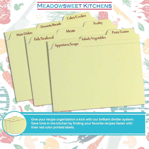 Meadowsweet Kitchens Recipe Card Box Tab Divider Set - Tab Dividers Printed on Neutral Color Card Stock - Set of 9 Tab Dividers for 4x6 Recipe Car...