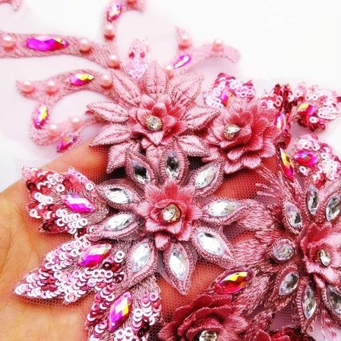 7.5x15 in 3D Colorful Flower Mesh Embroidered Rhinestone Lace Beaded Applique with Sequins DIY Lace Fabric Trim for Clothes Accessories Hardware (...