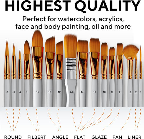 16 Pieces Premium Artist Paint Brush Set - Includes Palette Knife, Sponge, Organizing Case - Painting Brushes for Kids, Adults & Professionals - P...
