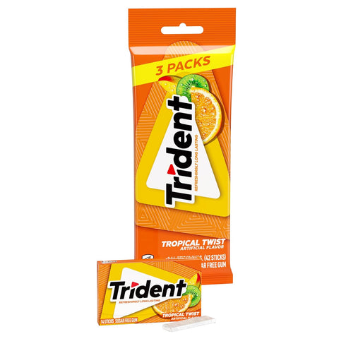 Trident Tropical Twist Sugar-Free Chewing Gum, 3 Packs of 14 Pieces (42 Total Pieces)...
