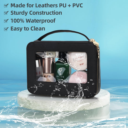 Clear Makeup Bag with Makeup Brush Bag,Double Sided Clear Toiletry Bag for Women,Portable Travel Cosmetic Bag,Makeup Case with Zipper,Leather Make...