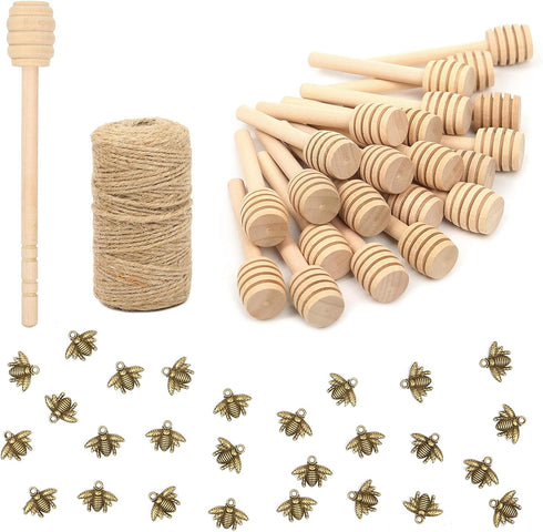 50 Pack 3 Inch Mini Wood Honey Dipper Sticks Set,Honey Stirrer Honey Wand for Honey Jar Dispense Drizzle Honey, 50 Pieces Honeybee Charm Pendants ...