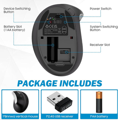 Wireless Vertical Ergonomic Mouse, Multi-Device(Bluetooth + 2.4G Connection), 4 Adjustable DPI, 7 Buttons Computer Mouse for PC, Laptop, Desktop, ...
