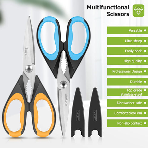 Kitchen Scissors, iBayam 2-Pack Kitchen Shears, 9 Inch Heavy Duty Dishwasher Safe Food Scissors, Multipurpose Stainless Steel Sharp Cooking Scisso...